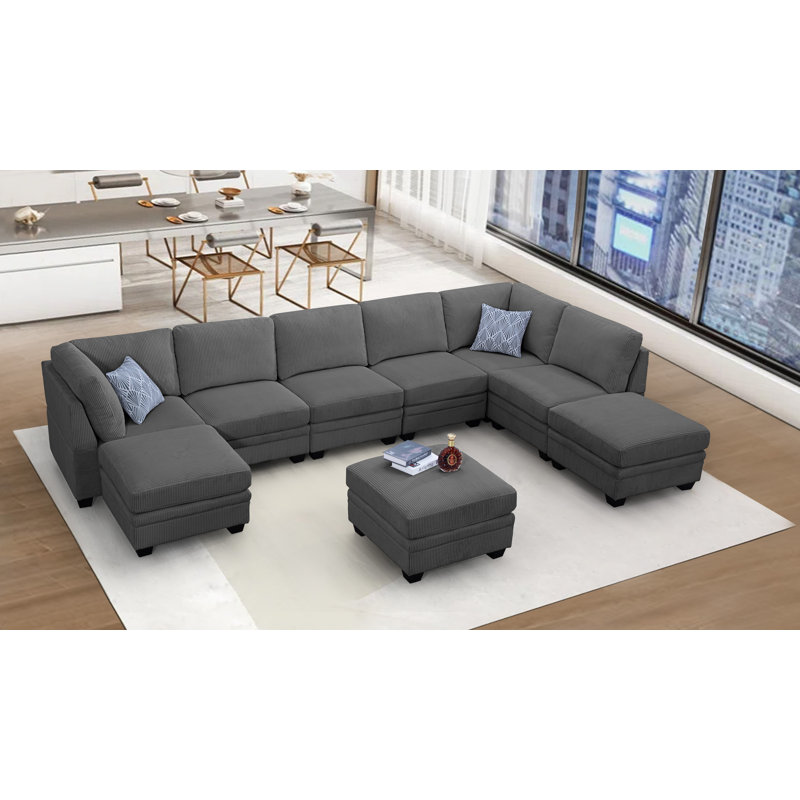 Corduroy U-Shaped Sectional Right Hand Facing, Gray Corduroy