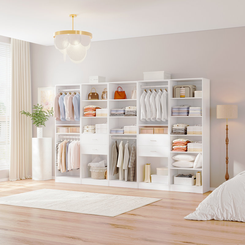 5-piece Set: 124"w Wardrobe Storage System With 4 Wooden Drawers, Hanging Rod, And Adjustable Shelves, White
