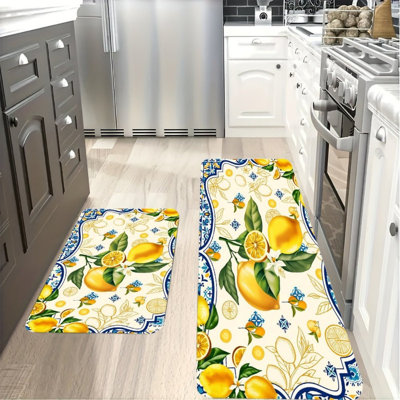 Yellow Mediterranean Tile Lemon Kitchen Mats,2 Pack,For Kitchen & Living Room