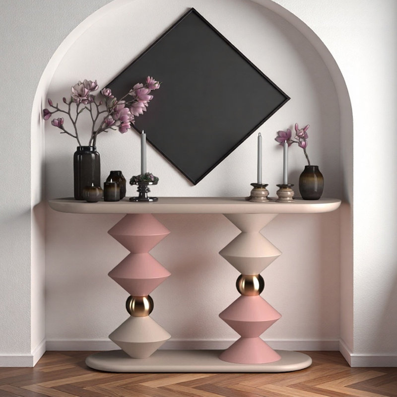 Console de hall d'entrée en bois massif Minimalist Modern, H 33,5 po x l 55,1 po x P 11,8 po, Blanc / Rose