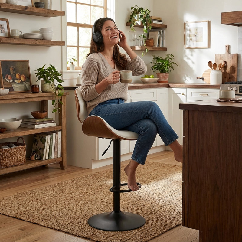 Modern Swivel Upholstered Barstool, Adjustable Height Bentwood Counter Stool, Faux Leather Modern Bar Stool with Footrest