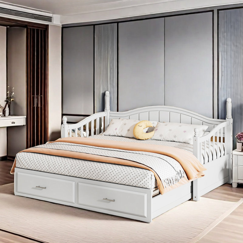 Elegant Extendable Daybed With Two Storage Drawers And Twin Size Trundle, White