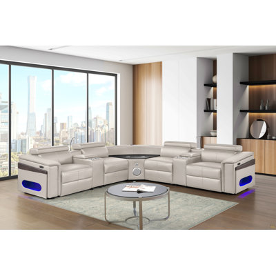 Sectional With  2 Consoles (Reading Light + Fridge), Wedge With Bluetooth Speaker, LED And Lifting Wine Cabinet- Gray