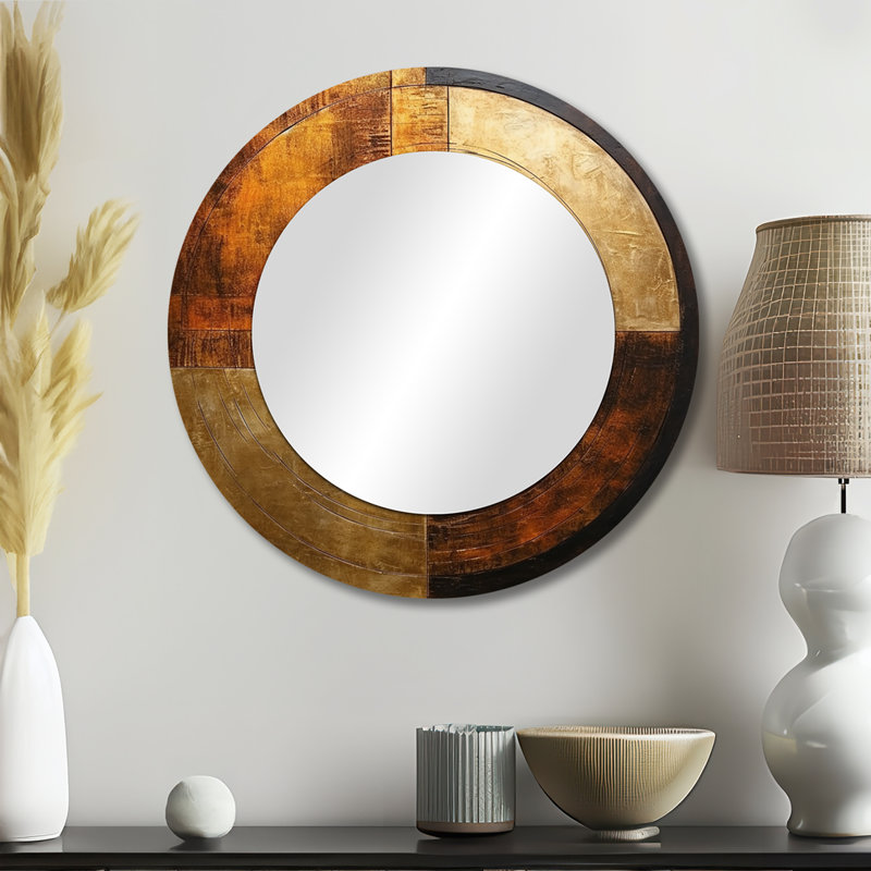 Bronze Brilliance Symetry - miroir décoratif de formes abstraites, miroir mural rond brun, impression d'art en métal