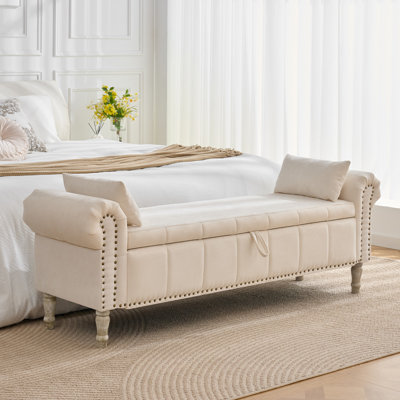 Lunara 66" W Bedroom Storage Bench End of Bed King Size with Button-Tufted Seat,Roll Arms,Hidden Dual Pockets and 2 Pillows