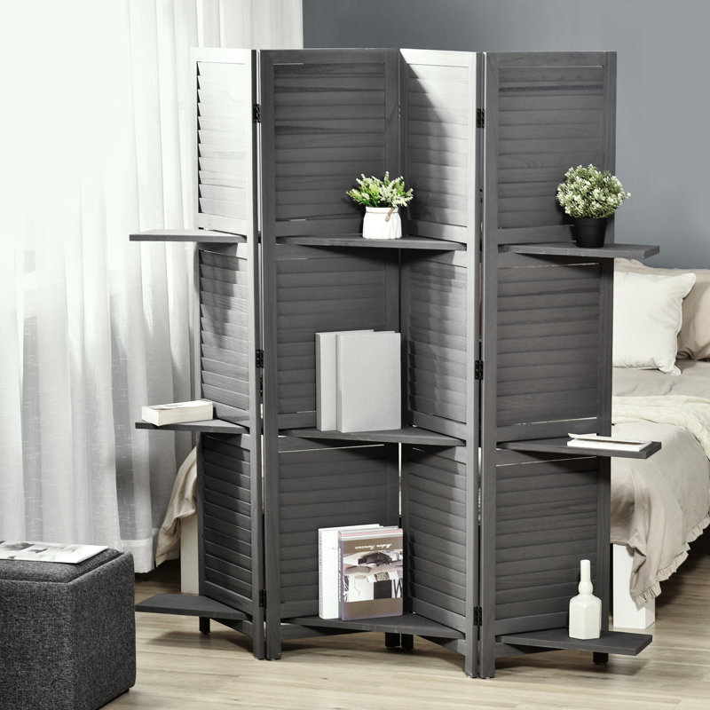 Cloison d'intimité 5,6 pi, grise avec rangement pour la chambre à coucher et le bureau, 4 panneaux de rangement en bois rustique