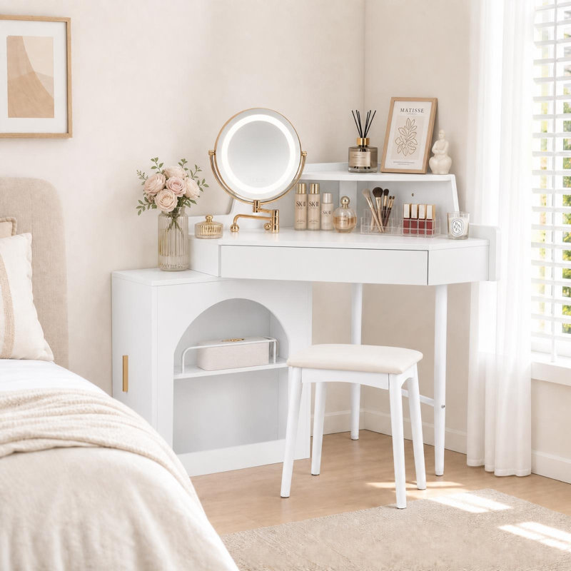 Coiffeuse de coin avec miroir DEL et tabouret - Table de maquillage gain de place avec rangement