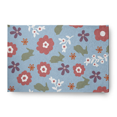 Tapis floral bleu / rouge / vert en chenille tissé à la machine