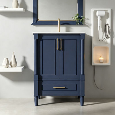 Meuble-lavabo moderne 24 po avec motif orné et charnières à fermeture en douceur, armoire de salle de bain avec tiroir et structure ouverte à l'arrière