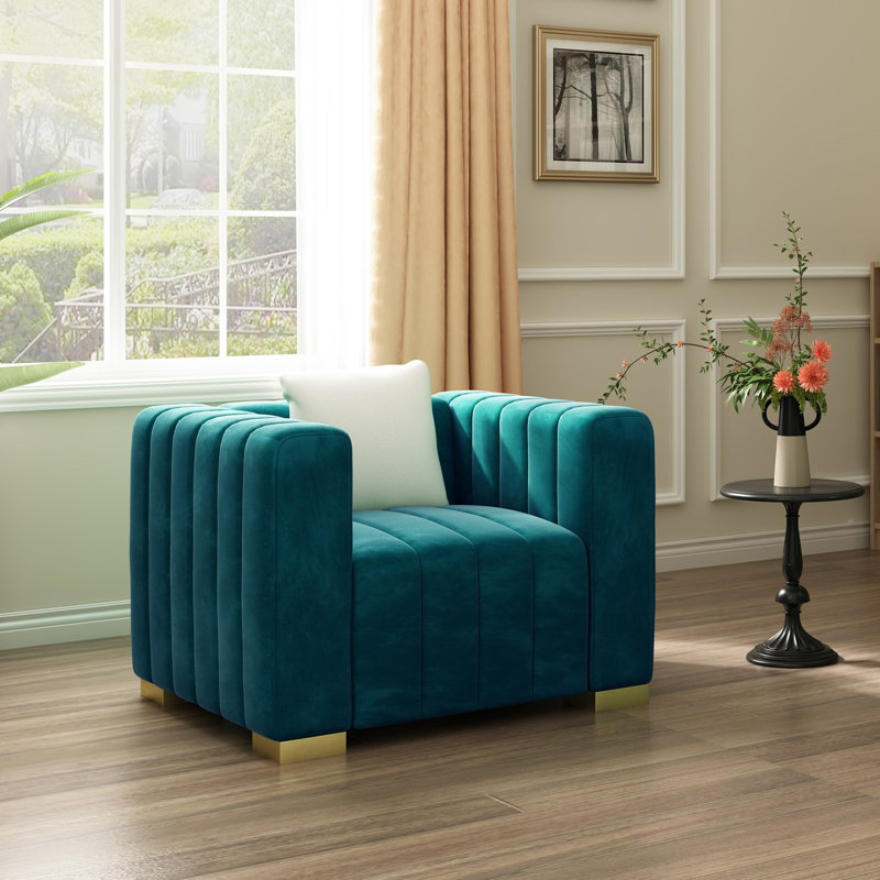 Fauteuil d'appoint confortable en velours à rayures verticales 35,4 po, Doré, Bleu