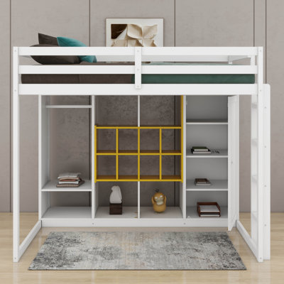 Full Size Wood Loft Bed With Wardrobe, Shelves And Cabinet
