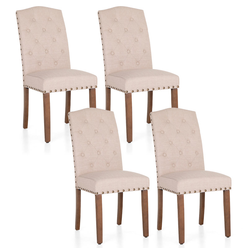 Chaise rembourrée capitonnée en bois massif, Beige, Brun