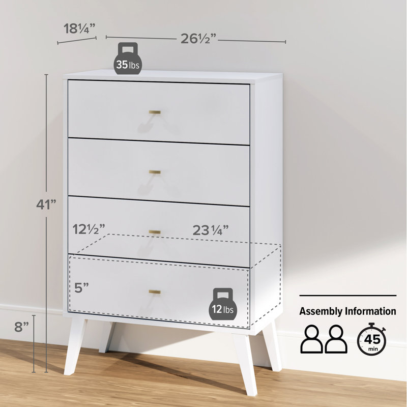 Commode à 4 tiroirs de 26,5 po de largeur Breux, Blanc