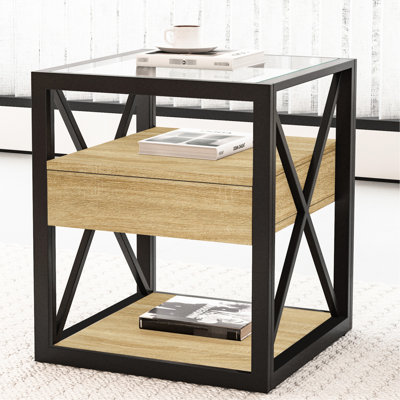 Table de bout de style industriel - table de bout moderne avec tiroir pour le salon, bois naturel, verre trempé, structure stable et tiroir de rangement à 3 niveaux, chambre à coucher latérale, plateau en verre,