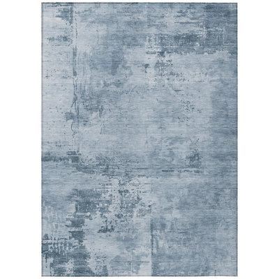 3' X 5' Denim Blue And Silver Abstract Washable Indoor Outdoor Area Rug