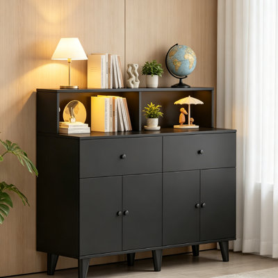 Modern Kitchen Pantry Cabinet with Power Outlets & LED Light – 47.2" Freestanding Buffet Sideboard, Adjustable Shelves, Drawers, Coffee Bar Table Hutch for Living or Dining Room.