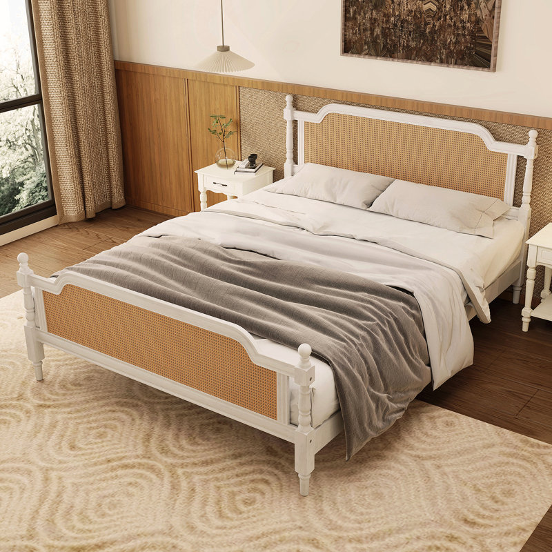 Structure de lit en rotin de style traditionnel pour grand lit, sans sommier tapissier, blanc antique, Blanc antique