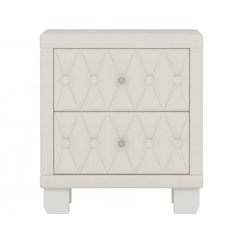 Table de chevet élégante avec 2 tiroirs et poignée en cristal, table de chevet avec rangement capitonnée, Beige
