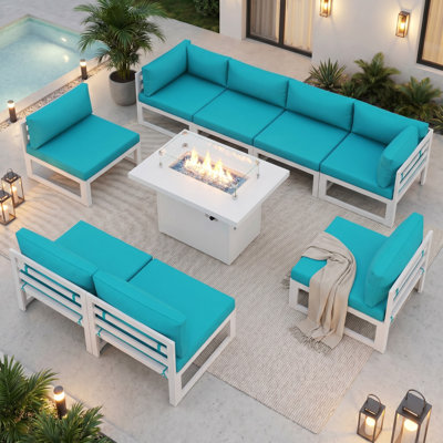 Modern 9-Piece Aluminum Patio Conversation Set with Propane Fire Pit Table, 500lb Capacity Heavy-Duty Outdoor Sectional Set with Cushions