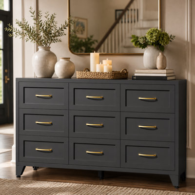 Armoire de rangement à neuf tiroirs en acier noir, avec glissières silencieuses et lisses, résistantes aux égratignures et faciles à nettoyer; convient aux garde-robes, aux entrées et aux couloirs.
