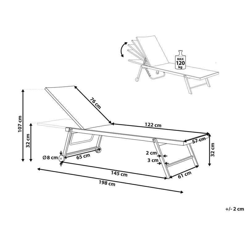 Rima 198cm Long Reclining Single Sun Lounger