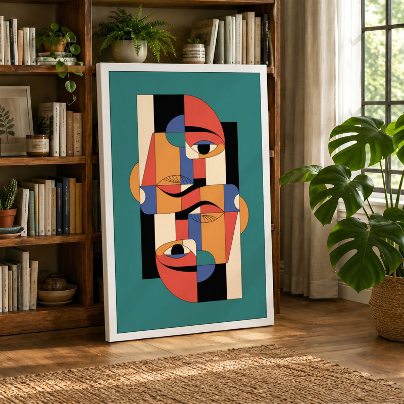 Geometric Faces Art Deco - Wrapped Canvas, 30x20 - 76.2 x 50.8 cm, Sage Border