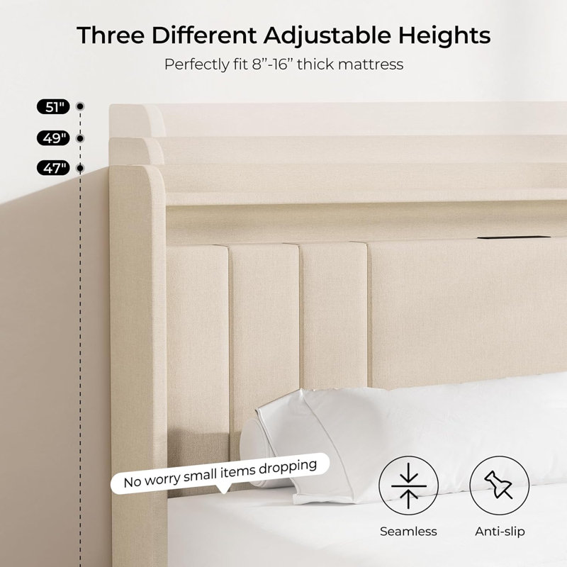 Full Beige Upholstered Bed Frame with LED Lights and Storage Drawers