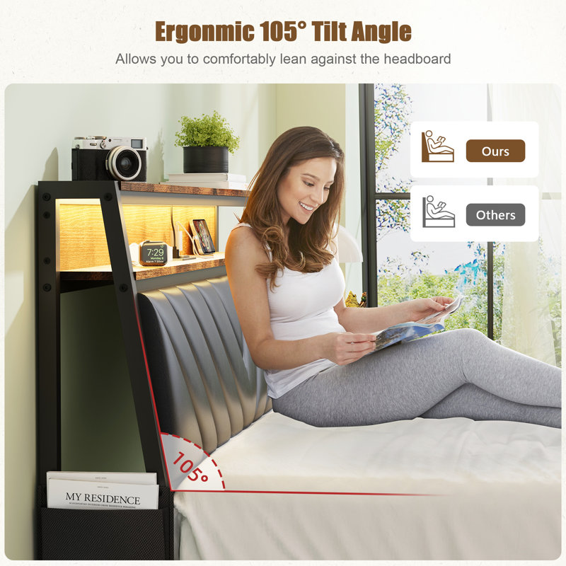 Queen Size Platform Bed Frame With 105-Degree Tilted Upholstered Headboard, Charging Station, LED Lights, Noiseless, Black And Brown