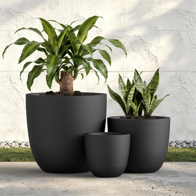 3-Piece Round Concrete Indoor/Outdoor Pot Planter Set, 17" H x 18" W x 18" D, Dark Charcoal