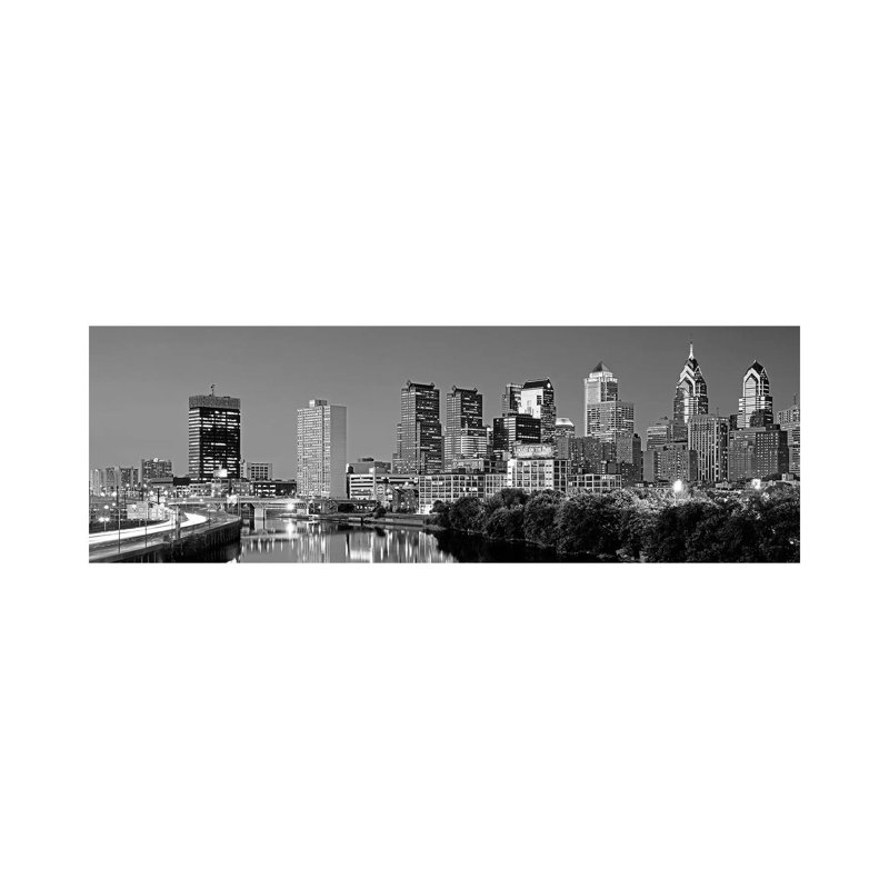 US, Pennsylvania, Philadelphia Skyline, Night by Panoramic Images - Wrapped Canvas Panoramic Print, Black/White