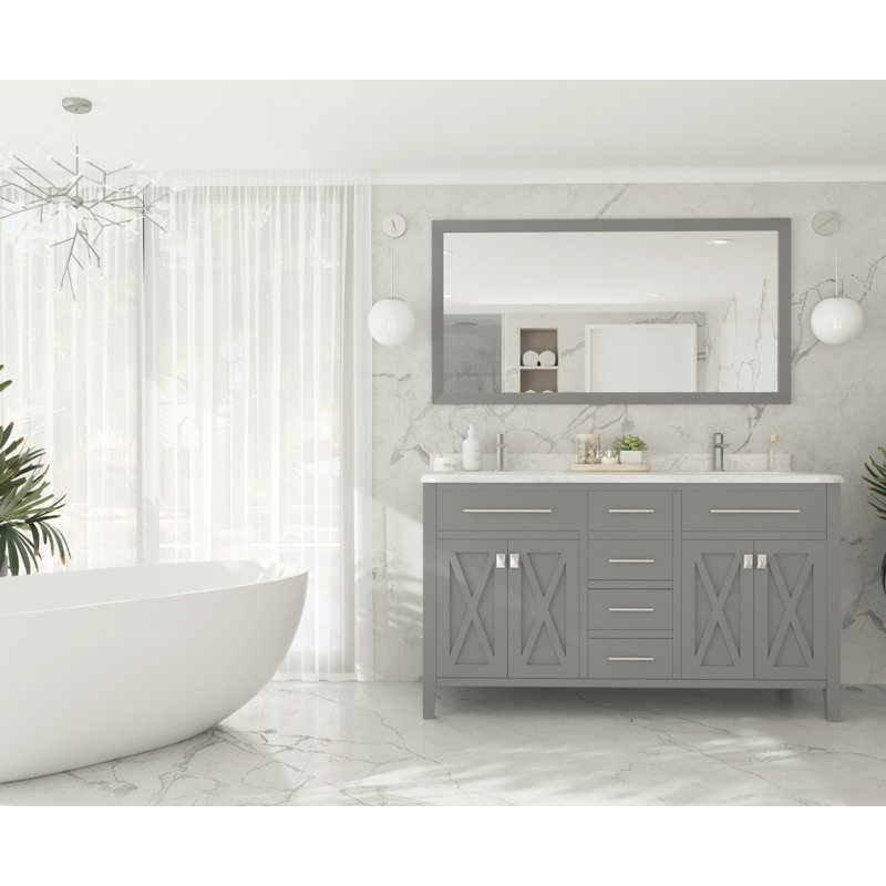 Ensemble de meuble-lavabo double 60 po Vitiello, gris, Marbre blanc