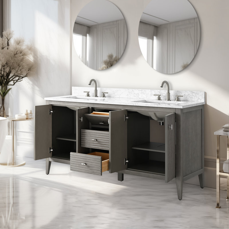 Ensemble de meuble-lavabo double 60 po, Nickel brossé, Gris flottant linéaire