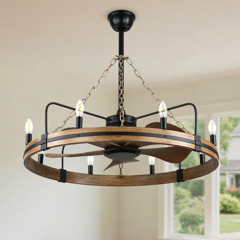 Ventilateur de plafond de style rustique en roue de chariot 36 "avec lumière et télécommande 8 lumières 6 vitesses avec ventilateur CC pour salon  