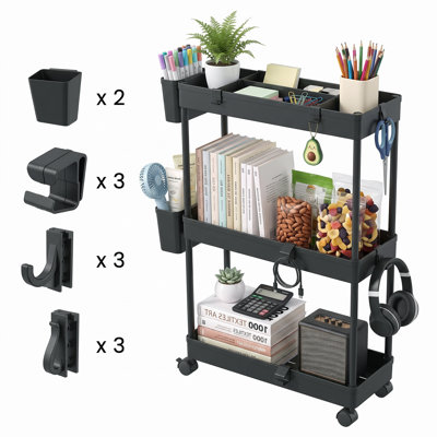 Chariot de rangement roulant à 3 niveaux avec bacs de rangement amovibles, séparateurs réglables et crochets multifonctionnels, organisateur de chariot utilitaire en plastique étroit pour la cuisine, la salle de bain, la salle de lavage, le bureau et les petits espaces