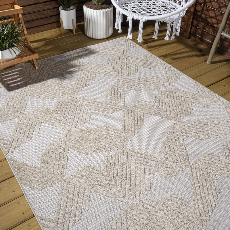 Sumeyya High-Low Pile Art Deco Geometric Beige Indoor/Outdoor Rug, Rectangle 3' x 5'