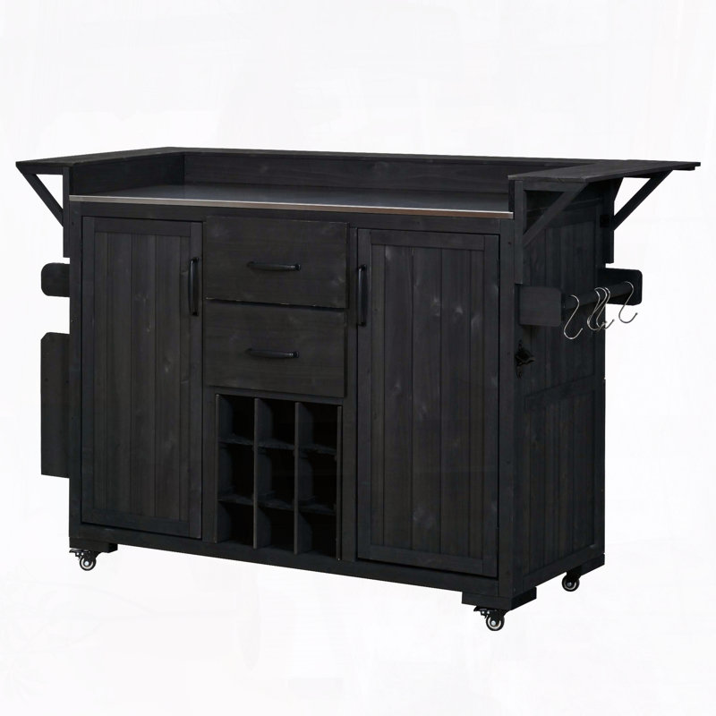 60.2" Outdoor Kitchen Island with Wheels – Stainless Steel Top, Wine Rack, Black