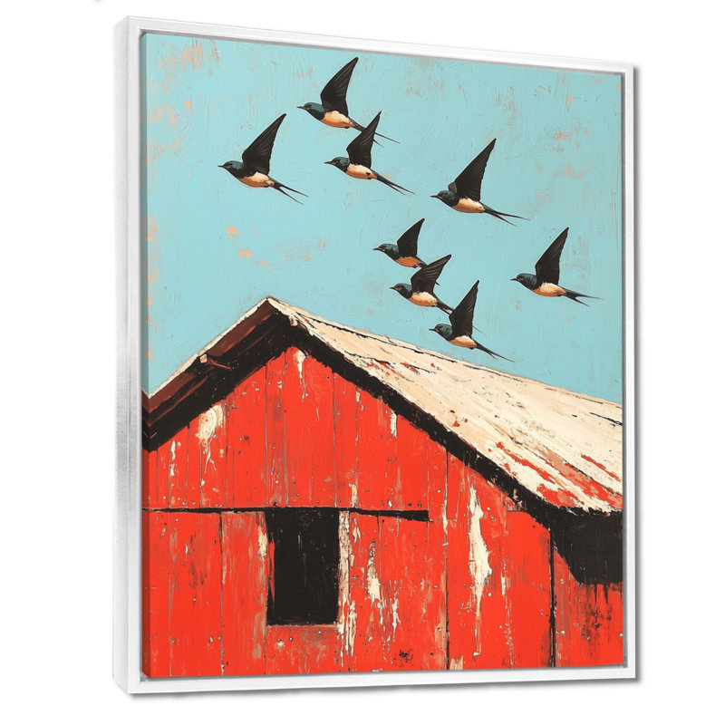 Claremont Swallows Birds Over The Red Barn III - Bird, reproduction d'art sur toile encadrée, H 32 po x l 16 po, Blanc