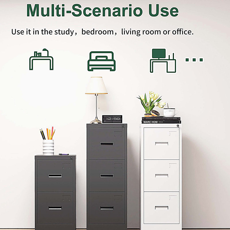 3 Drawer Metal Vertical File Cabinet with Lock and Card Slot, Black
