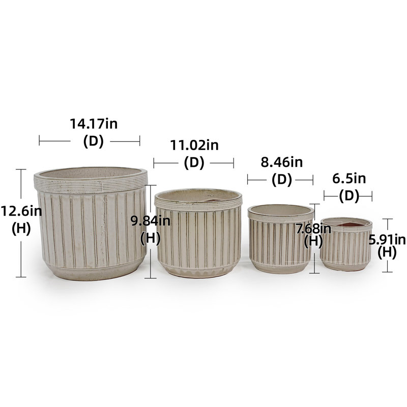 4 pots de fleurs modernes en céramique avec drainage intégré, couleur crème pour patio, jardin ou rebords de fenêtre