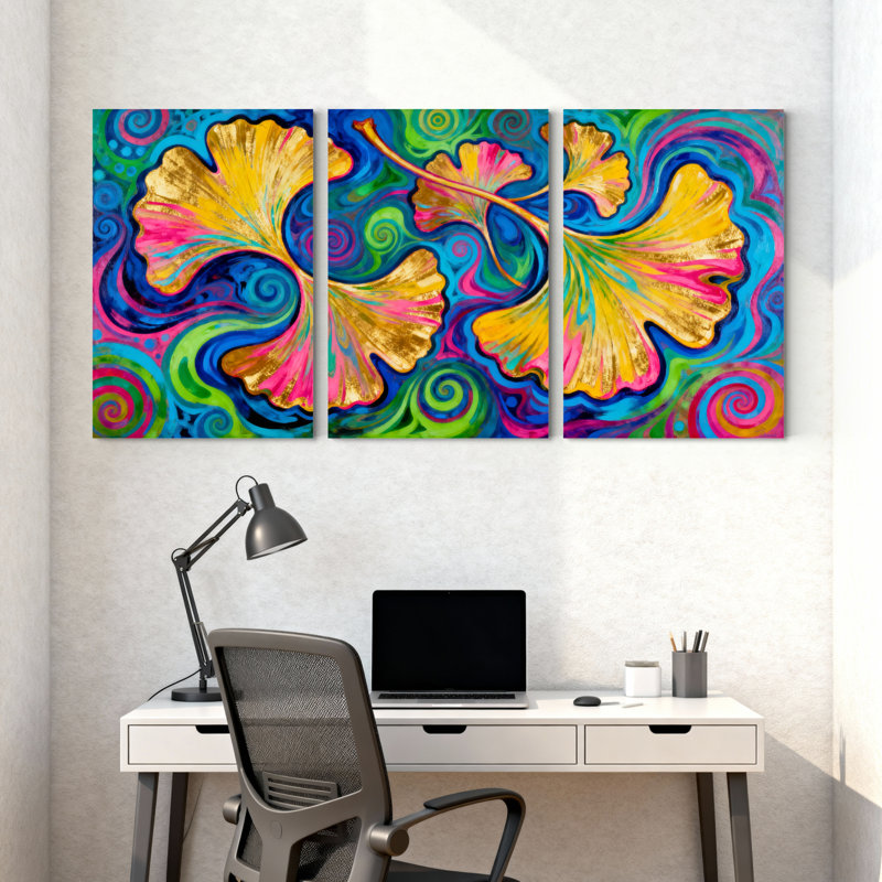 Tableau sur toile à motif abstrait de feuilles de ginkgo, style psychédélique vibrant (lot de 3), H 36 po x l 72 po