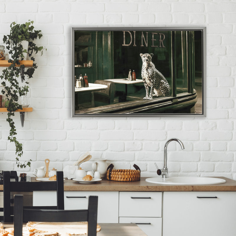Cadre flottant Diner Sentry Leopard, design par Annabelle Hall, H 21 po x l 31 po, Cadre flottant gris lustré