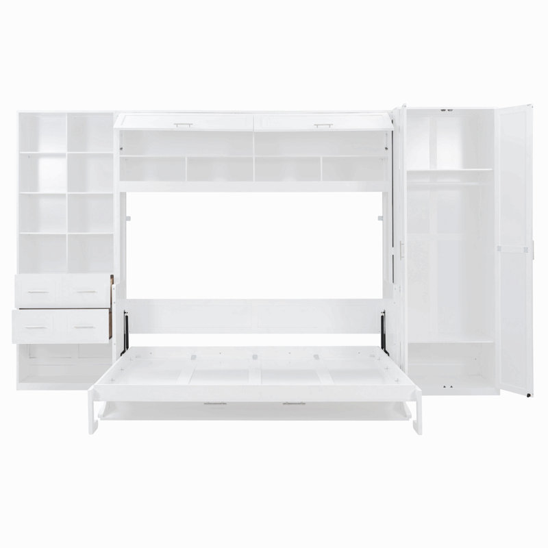 Grand lit escamotable mural avec placard, tiroirs et tablettes