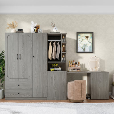 Multifunctional Wardrobe With 2 Doors And Hanging Rod, Wooden Clothes Closet With Convertible Desk And Storage Drawers, Multi-Storage Spaces, For Bedroom, Cloak Room, Laundry, Gray