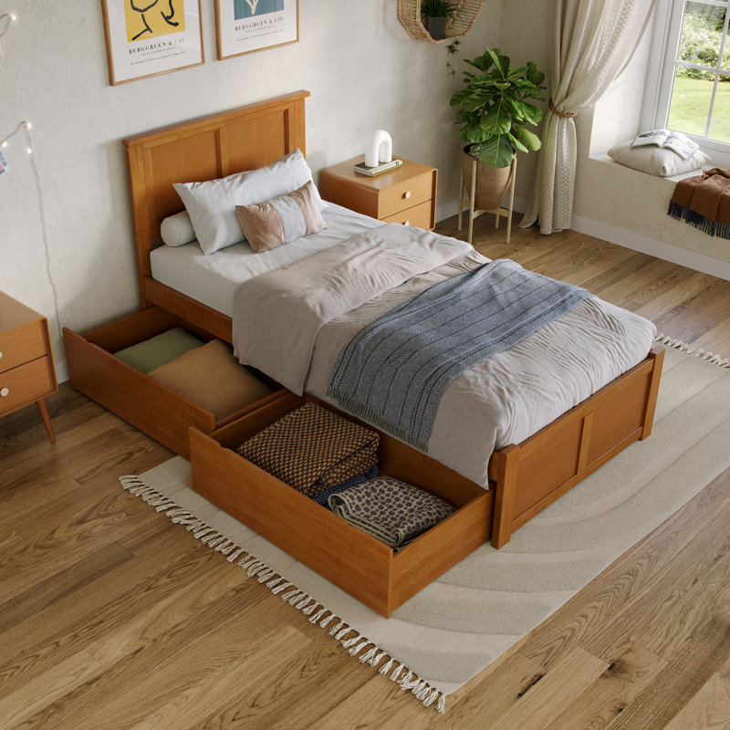 Madison Solid Wood Platform Bed with Panel Footboard and Storage Drawers, Extra-long Twin