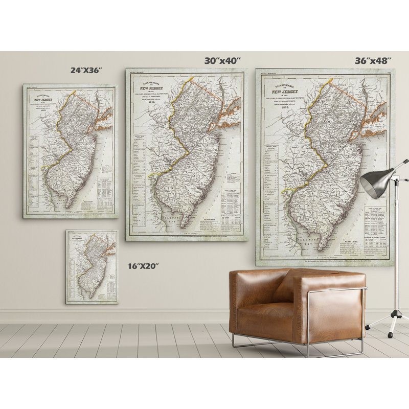 «Vintage Map New Jersey I», reproduction d'impression sur toile, H 30 po x l 40 po x P 1,5 po