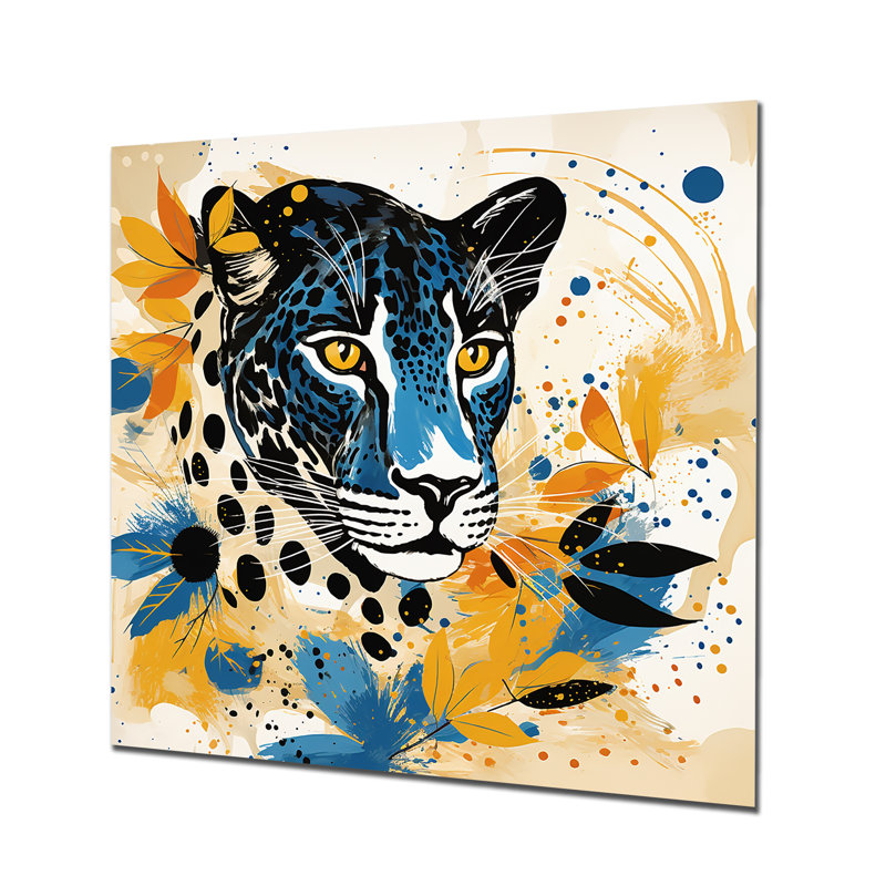 Jaune et bleu léopard collage IV - art mural léopard / guépard, H 16 po x l 16 po x P 1 po