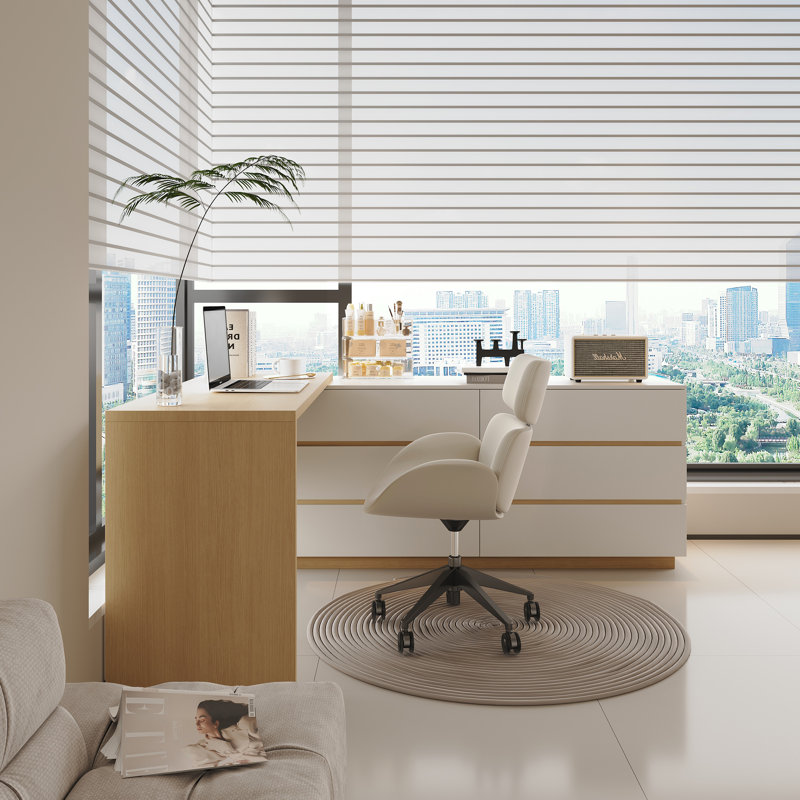 Bureau de coiffeuse extensible 97,6 po à 6 tiroirs, Ivoire et chêne