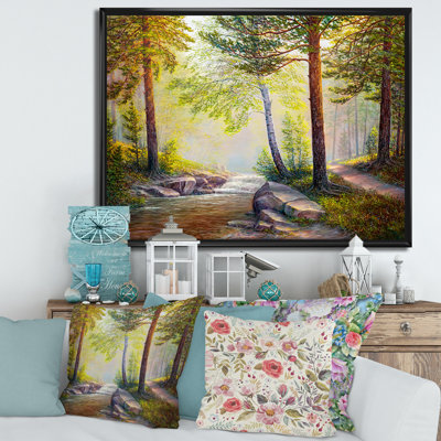 Après-midi, lumière à travers les arbres dans la forêt - peinture sur toile