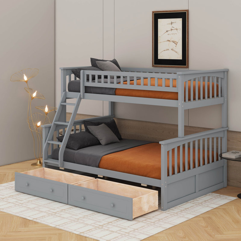 Lit simple superposé au dessus d'un lit double avec tiroirs, Gris