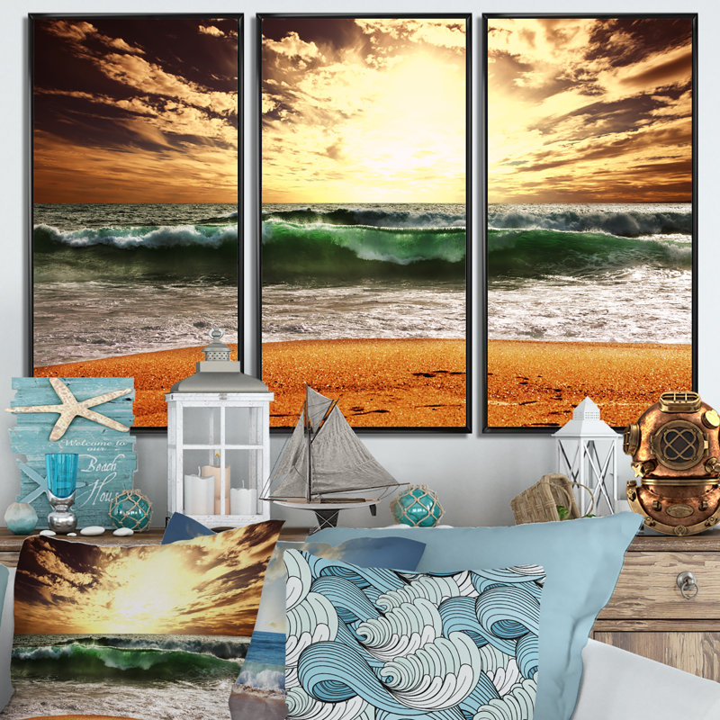 «Rager Green Waves At Sunset - Sea & Shore», ensemble de 3 toiles murales encadrées, H 28 po x l 36 po x P 1 po